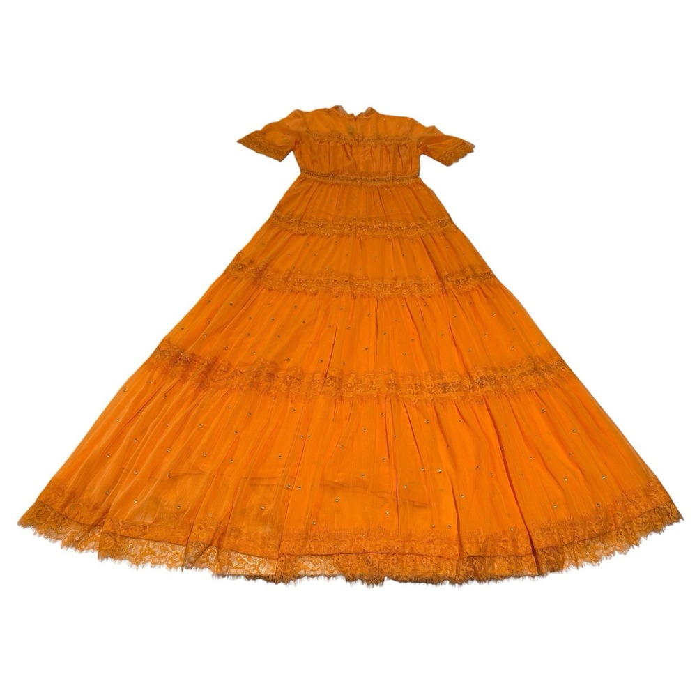 Anthropologie RANNA GILL Size 8 Cipriana Tiered Lace Maxi dress light orange ECU